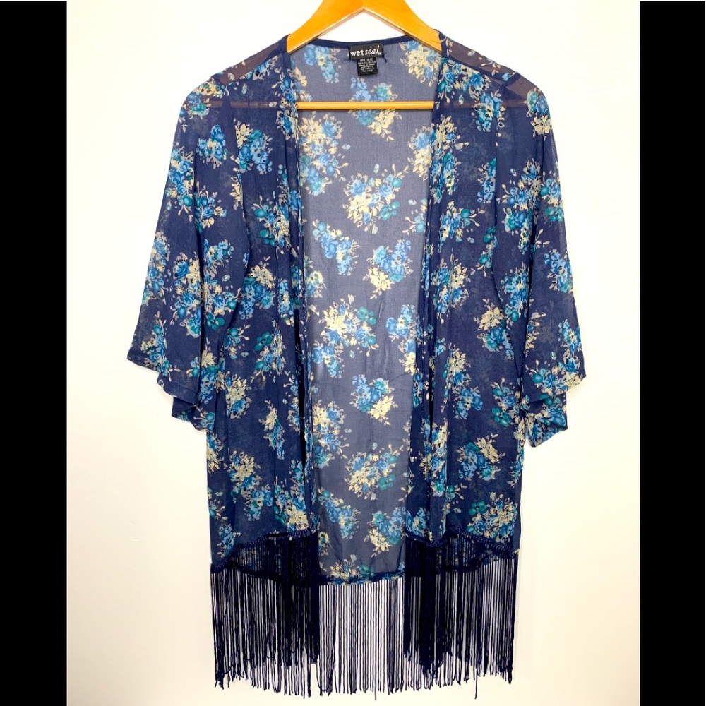 Wet Seal Womens Floral Kimono With Tassel Details One Size Navy Swim Cover Up